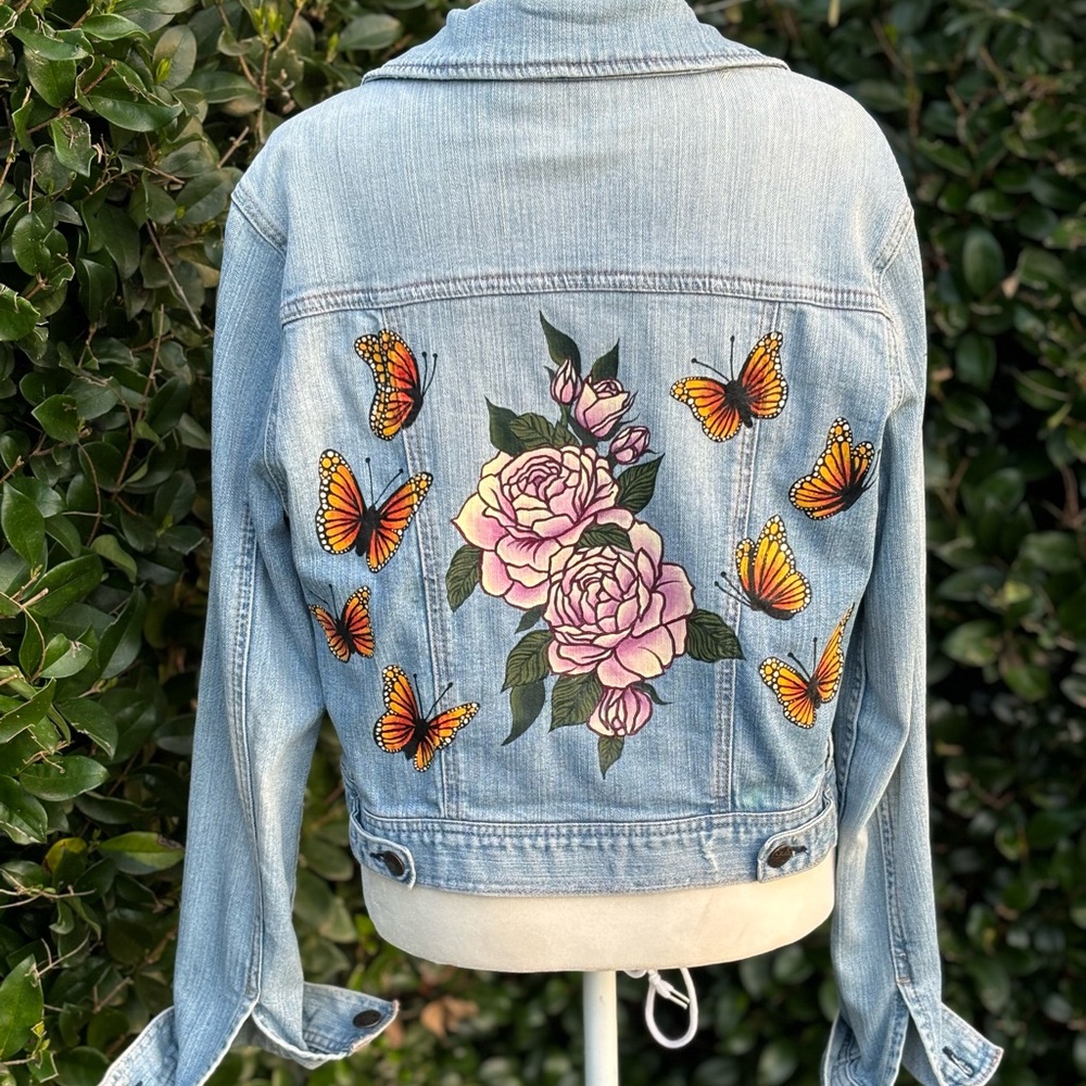 Peony and Monarch Hand Painted Vintage Denim Jacket